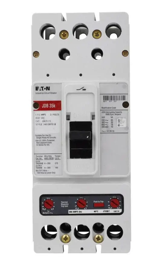 CB-JDB3175-1_0eeb40ea-6c25-483f-862b-35e52c24656c.jpg JDB3175 - Eaton - Molded Case Circuit Breaker Feed-Thru - 175 Amp - 3 Pole - 600 Volt - Image 1