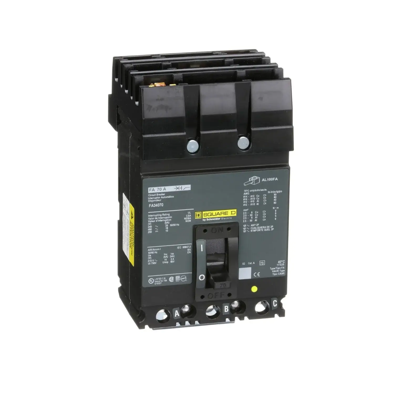 FA34070-Ex_d354f6fa-cfa1-4dcb-a2a0-4fc20823bfd2.jpg FA34070 - Square D - 70 Amp Molded Case Circuit Breaker I-Line Plug-In - 70 Amp - 3 Pole - 480 Volt - Image 1