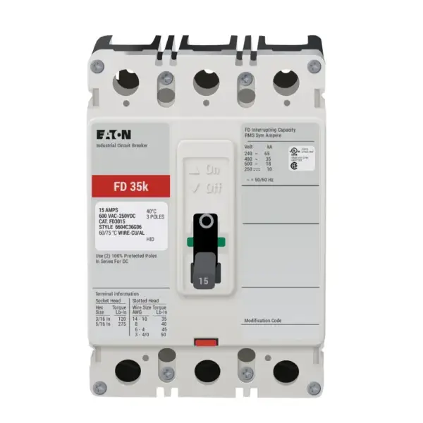 FD3015 - Eaton - Molded Case Circuit Breaker Bolt-On - 15 Amp - 3 Pole - 600 Volt