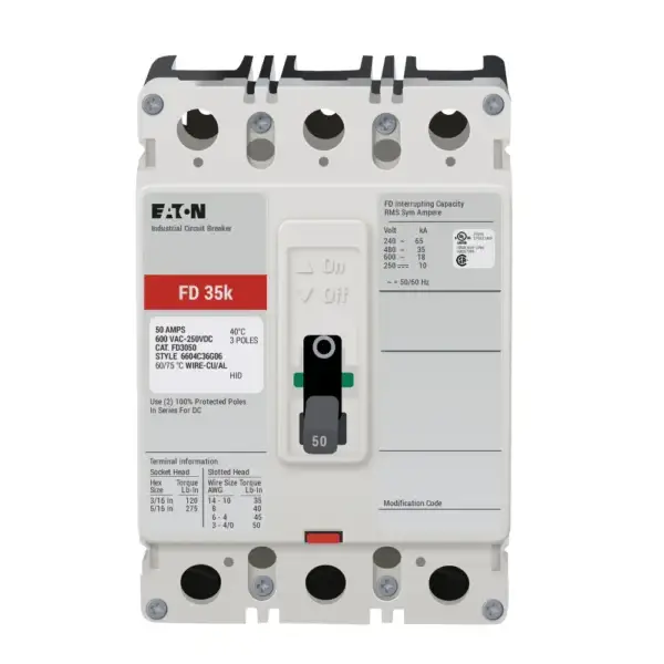FD3050L - Eaton - Molded Case Circuit Breaker Bolt-On - 50 Amp - 3 Pole - 600 Volt