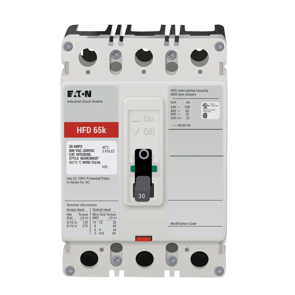 HFD3030L-All-New-1.jpg HFD3030L - Eaton - Molded Case Circuit Breaker Feed Thru - 30 Amp - 3 Pole - 600 Volt - Image 1