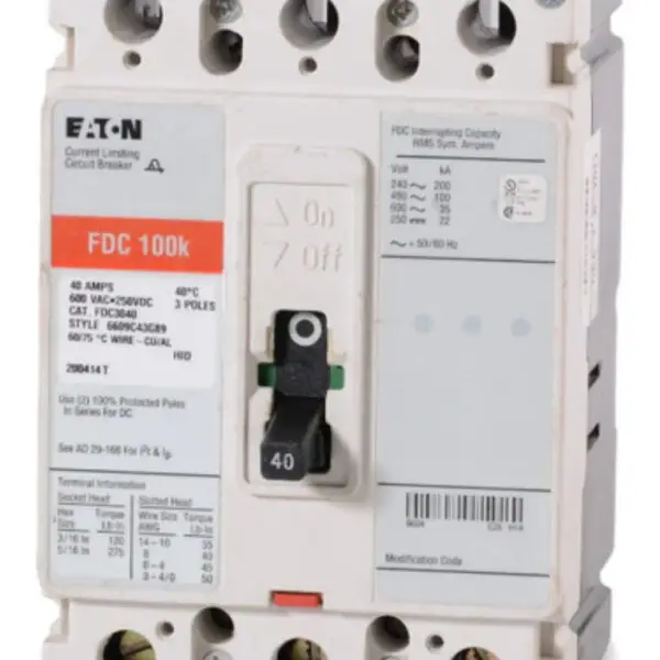 FDC3040 - Eaton - MoldedCase Circuit Breakers Feed Thru - 40 Amp - 3 Pole - 600 Volt