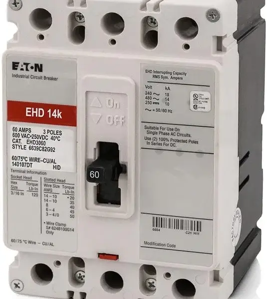 EHD3060L - Eaton - Molded Case Circuit Breaker Feed-Thru - 60 Amp - 3 Pole - 480 Volt
