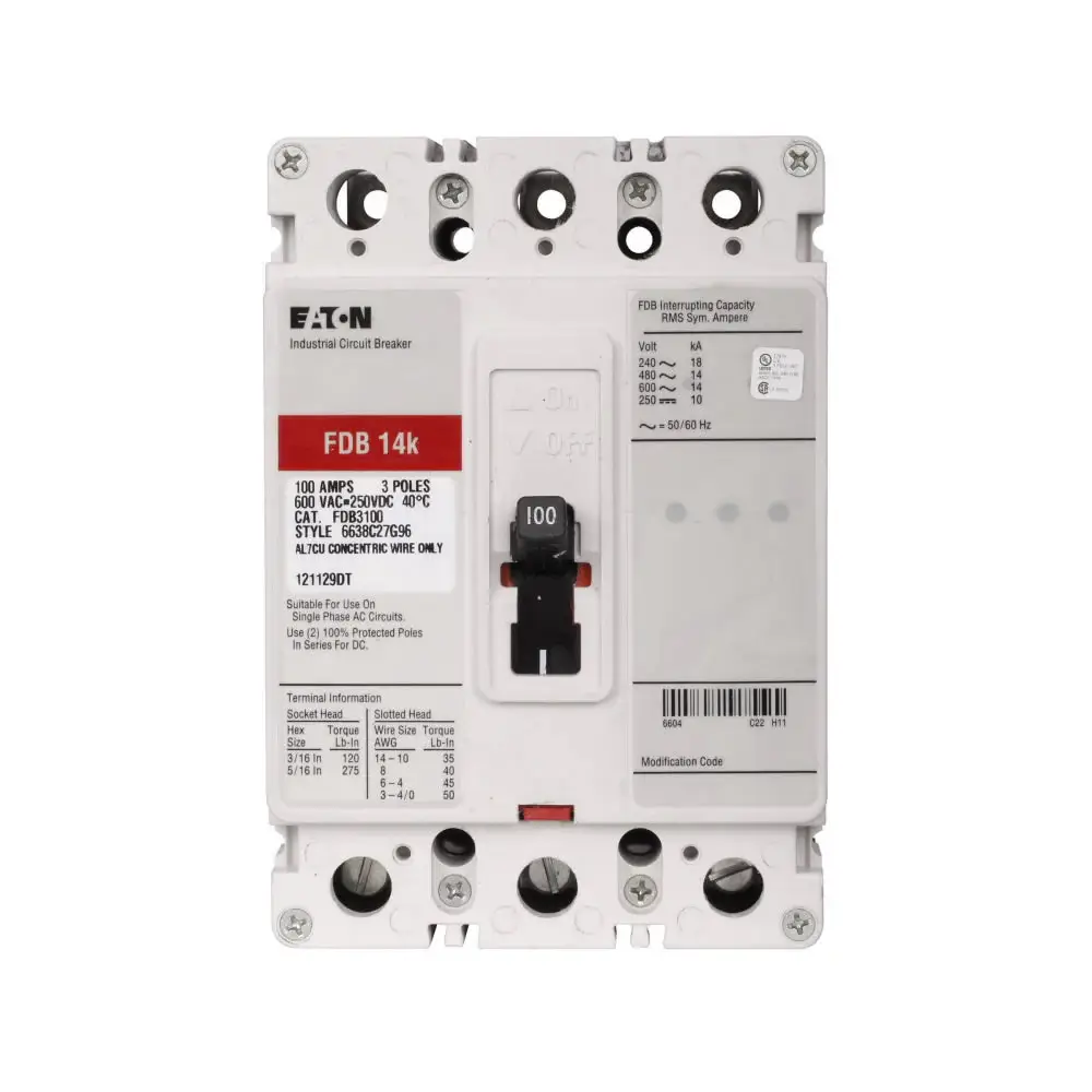 fdb3100l-1.jpg FDB3100L - Eaton - Molded Case Circuit Breaker Feed-Thru - 100 Amp - 3 Pole - 600 Volt - Image 1